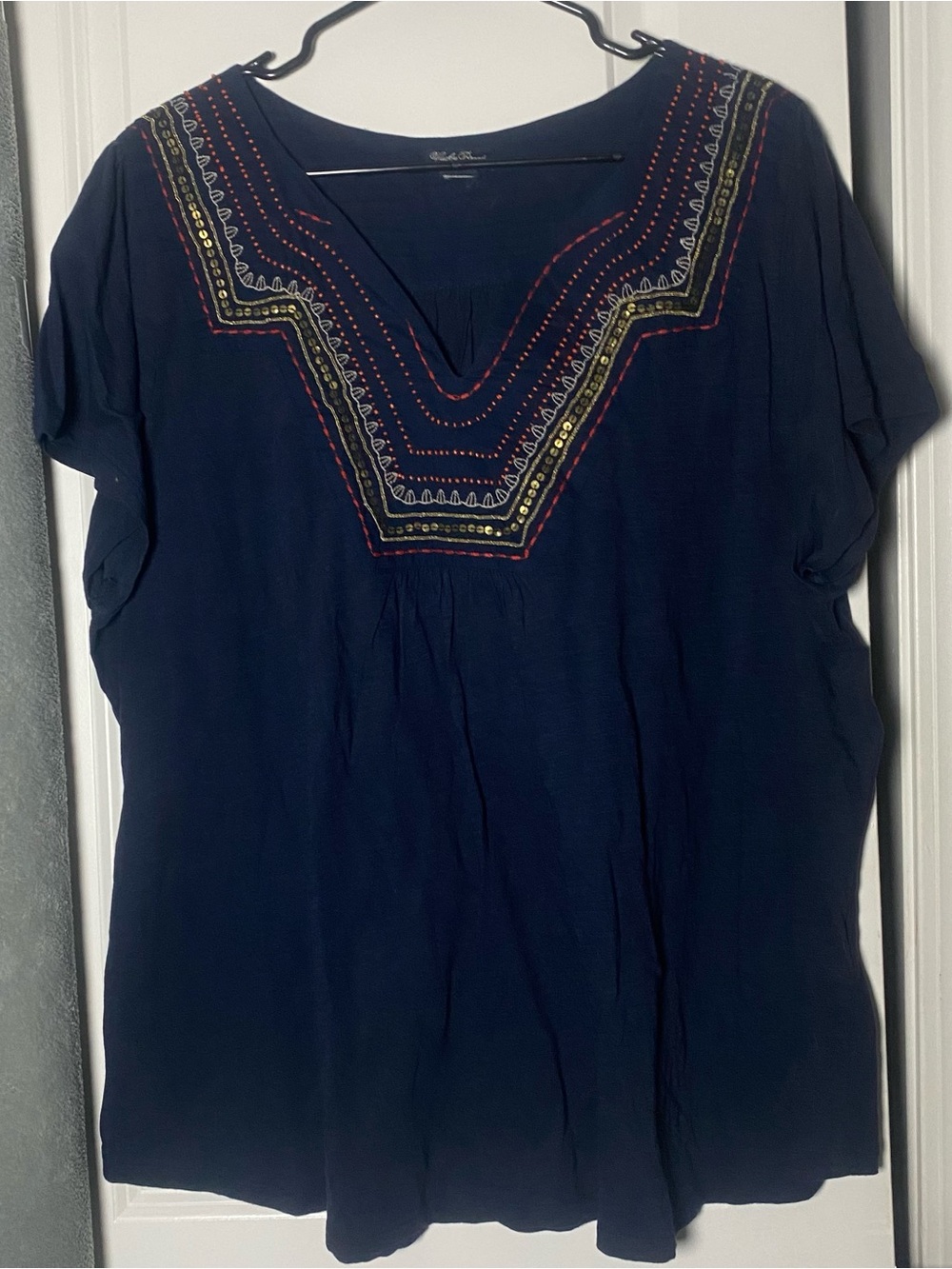 Lucky brand navy size 3x hippie bohemian embroidered embellished top blouse